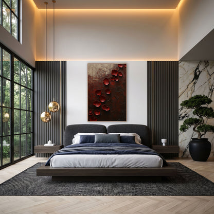 Crimson Rose Petals Dark Abstract wall art in an elegant modern room – deep red rose petals scattered diagonally