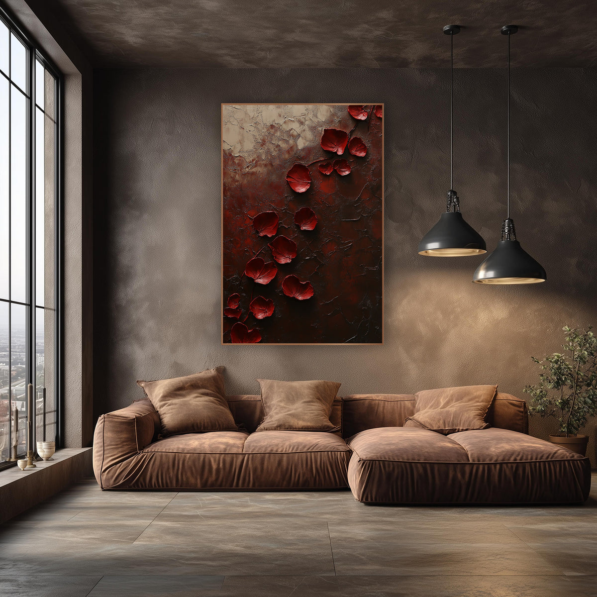 Crimson Rose Petals Dark Abstract wall art in an elegant modern room – deep red rose petals scattered diagonally