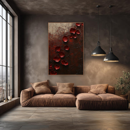 Crimson Rose Petals Dark Abstract wall art in an elegant modern room – deep red rose petals scattered diagonally