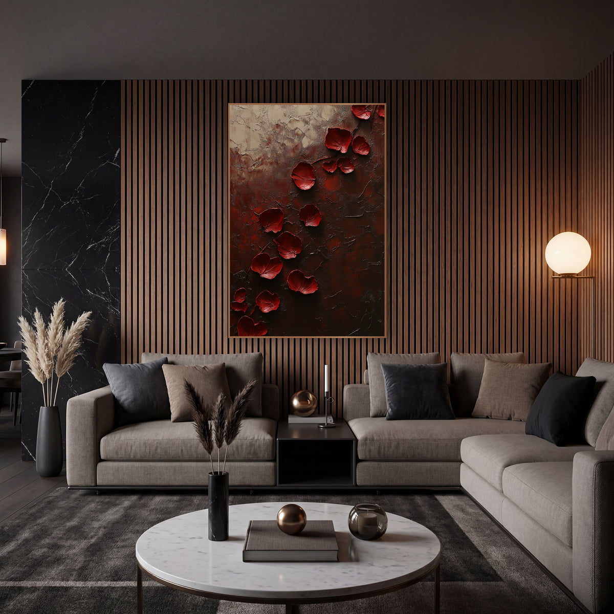Crimson Rose Petals Dark Abstract wall art in an elegant modern room – deep red rose petals scattered diagonally