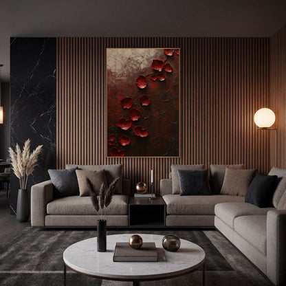 Crimson Rose Petals Dark Abstract wall art in an elegant modern room – deep red rose petals scattered diagonally