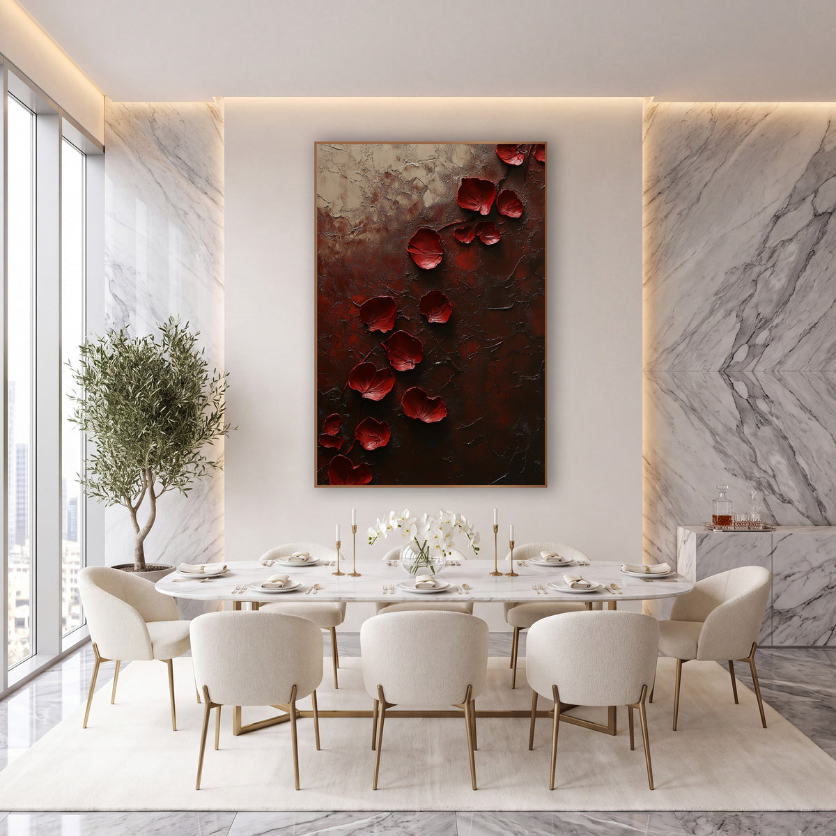 Crimson Rose Petals Dark Abstract wall art in an elegant modern room – deep red rose petals scattered diagonally