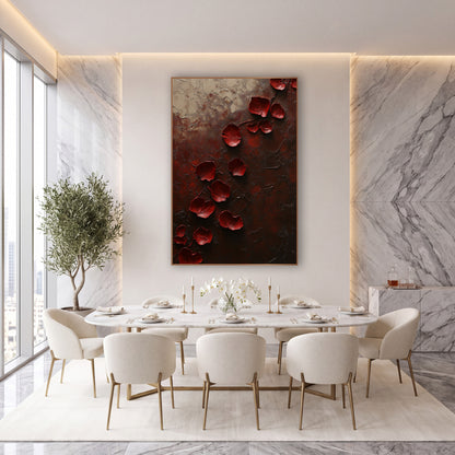 Crimson Rose Petals Dark Abstract wall art in an elegant modern room – deep red rose petals scattered diagonally