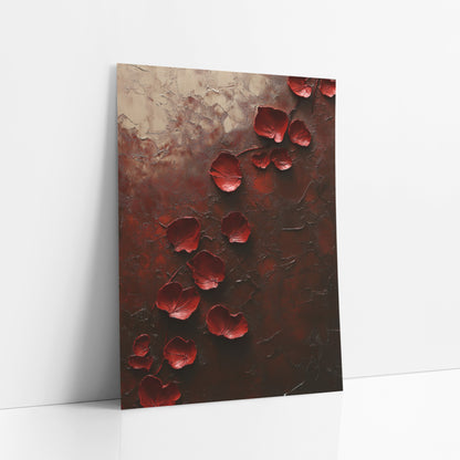 Crimson Rose Petals Dark Abstract art print leaning against a white wall – deep red rose petals scattered diagonally across