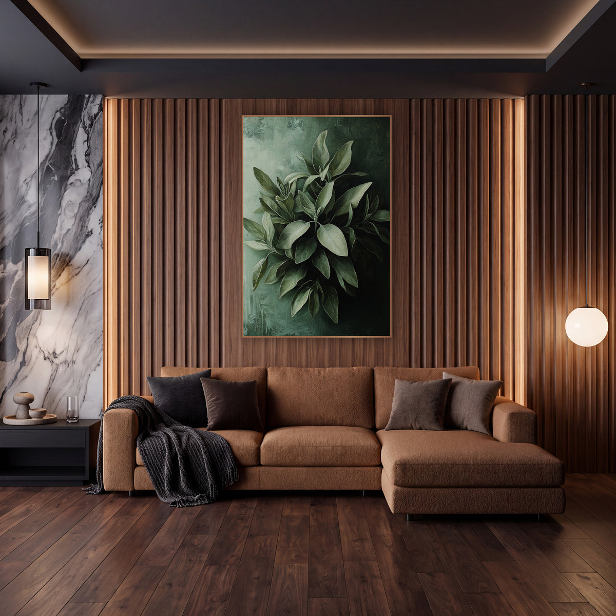 Silvery Sage Leaves Moody wall art in an elegant modern room – cluster of silvery sage green leaves against a pale