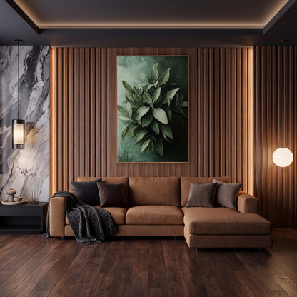 Silvery Sage Leaves Moody wall art in an elegant modern room – cluster of silvery sage green leaves against a pale