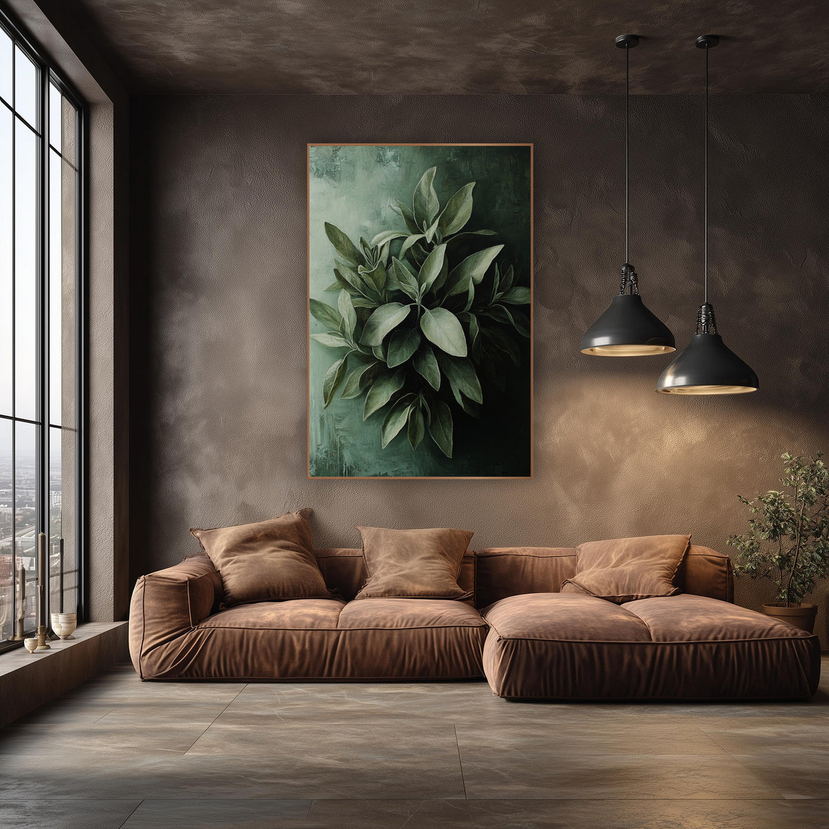Silvery Sage Leaves Moody wall art in an elegant modern room – cluster of silvery sage green leaves against a pale