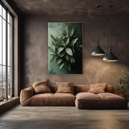 Silvery Sage Leaves Moody wall art in an elegant modern room – cluster of silvery sage green leaves against a pale