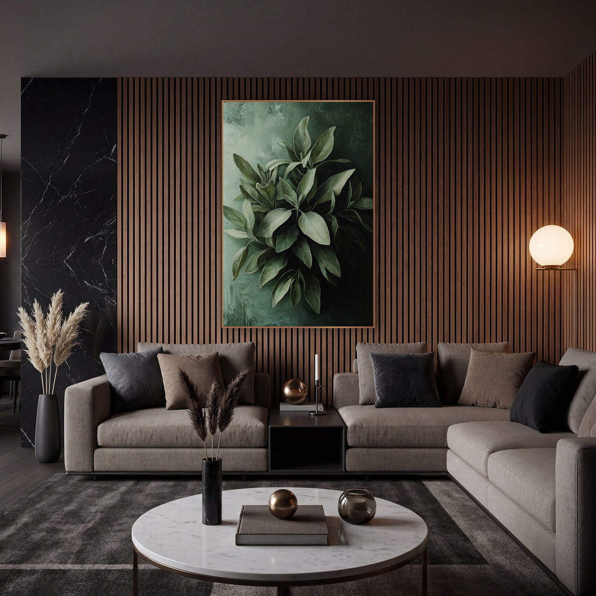 Silvery Sage Leaves Moody wall art in an elegant modern room – cluster of silvery sage green leaves against a pale