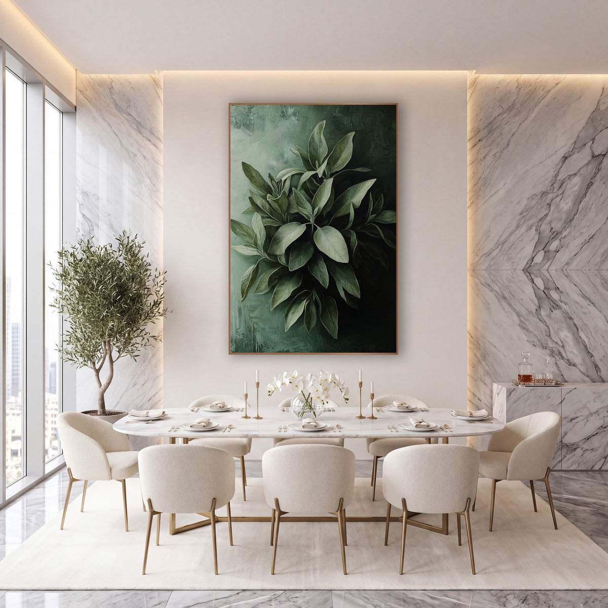 Silvery Sage Leaves Moody wall art in an elegant modern room – cluster of silvery sage green leaves against a pale