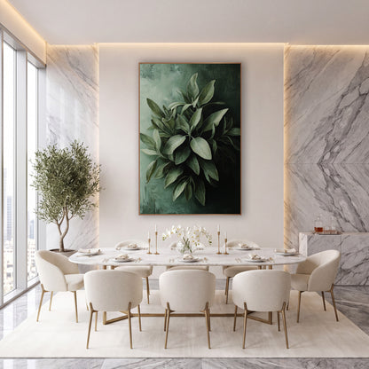 Silvery Sage Leaves Moody wall art in an elegant modern room – cluster of silvery sage green leaves against a pale