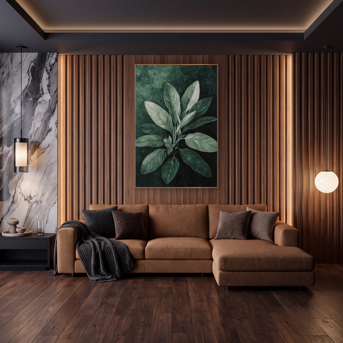 Frosted Sage Rosette Painterly wall art in an elegant modern room – sage leaves in silver-green with fine veins