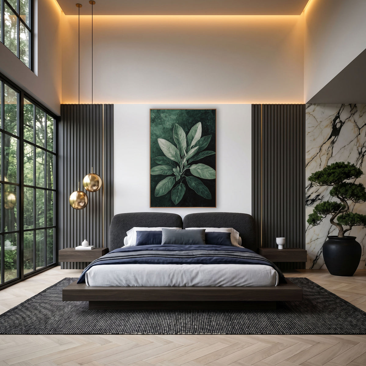 Frosted Sage Rosette Painterly wall art in an elegant modern room – sage leaves in silver-green with fine veins