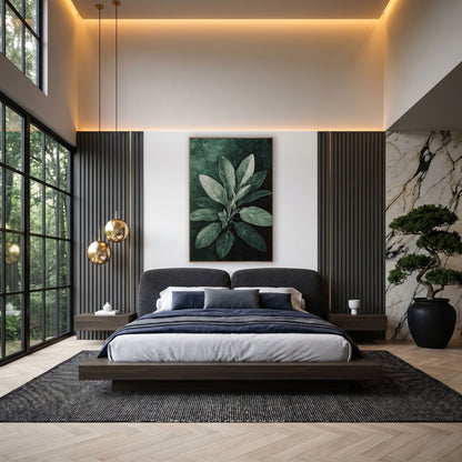 Frosted Sage Rosette Painterly wall art in an elegant modern room – sage leaves in silver-green with fine veins