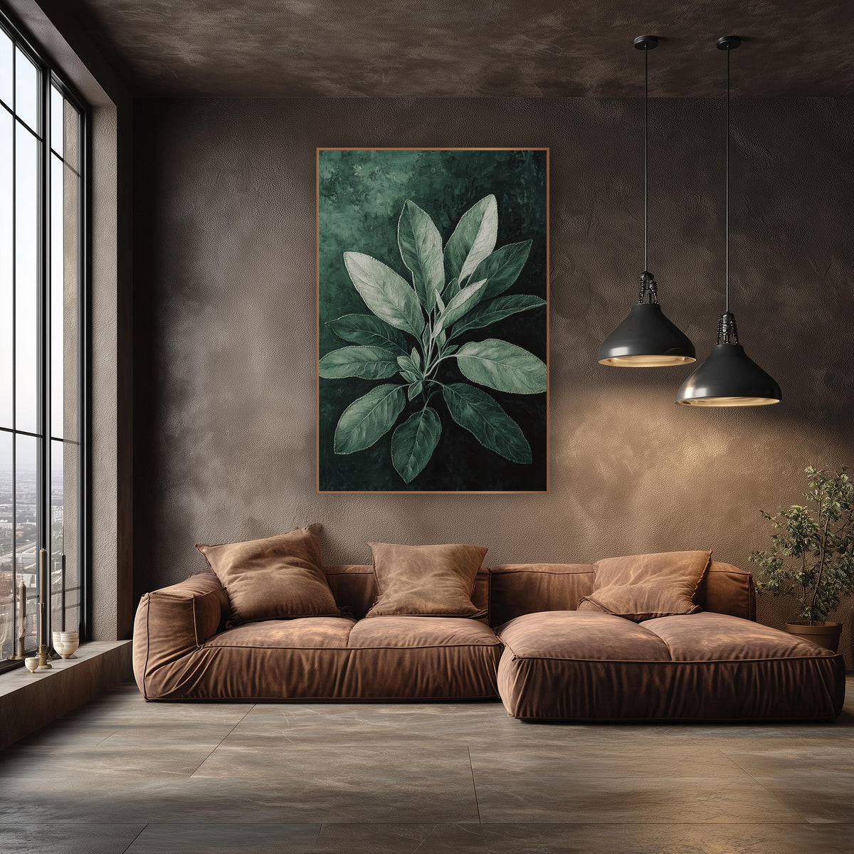 Frosted Sage Rosette Painterly wall art in an elegant modern room – sage leaves in silver-green with fine veins