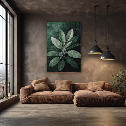 Frosted Sage Rosette Painterly wall art in an elegant modern room – sage leaves in silver-green with fine veins