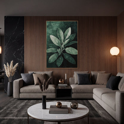 Frosted Sage Rosette Painterly wall art in an elegant modern room – sage leaves in silver-green with fine veins