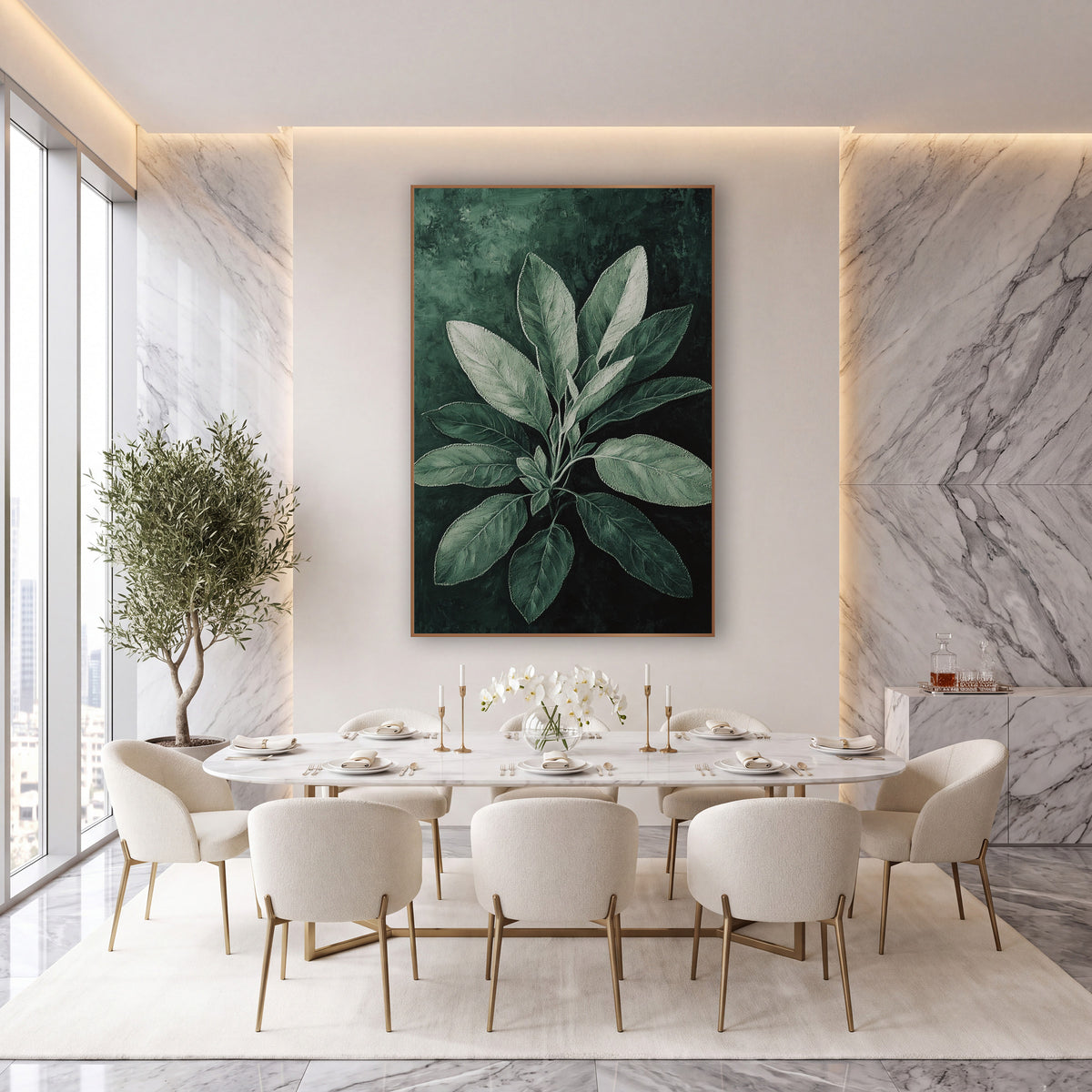 Frosted Sage Rosette Painterly wall art in an elegant modern room – sage leaves in silver-green with fine veins