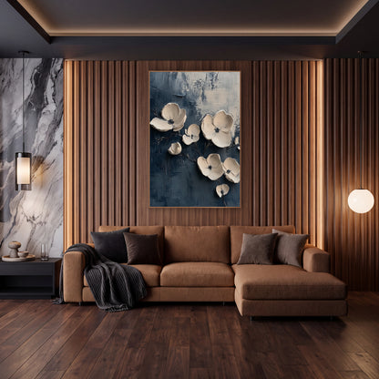 Cream Blossoms on Navy Abstract wall art in an elegant modern room – cream blossoms with dark centers and thin stems