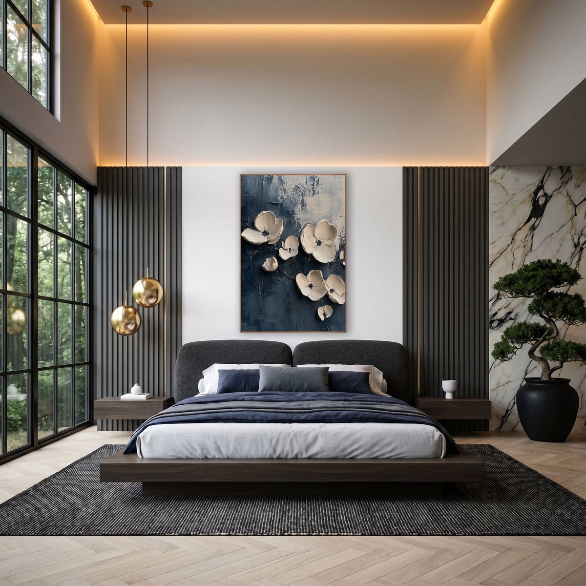 Cream Blossoms on Navy Abstract wall art in an elegant modern room – cream blossoms with dark centers and thin stems
