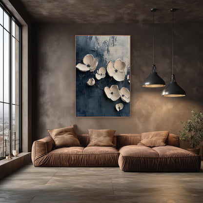 Cream Blossoms on Navy Abstract wall art in an elegant modern room – cream blossoms with dark centers and thin stems