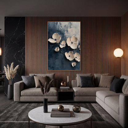 Cream Blossoms on Navy Abstract wall art in an elegant modern room – cream blossoms with dark centers and thin stems