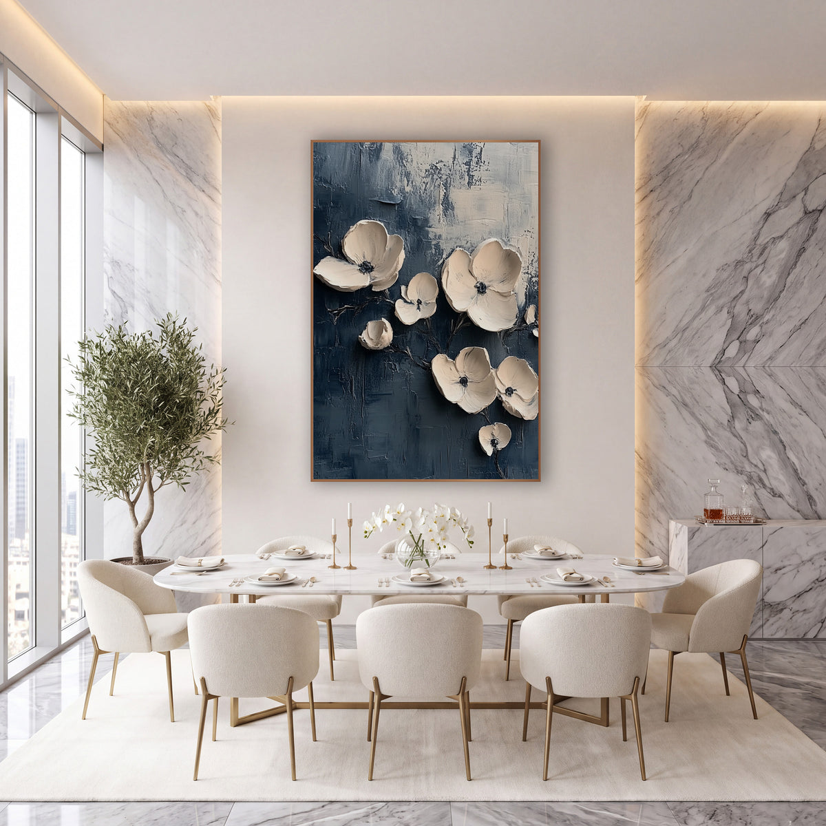 Cream Blossoms on Navy Abstract wall art in an elegant modern room – cream blossoms with dark centers and thin stems