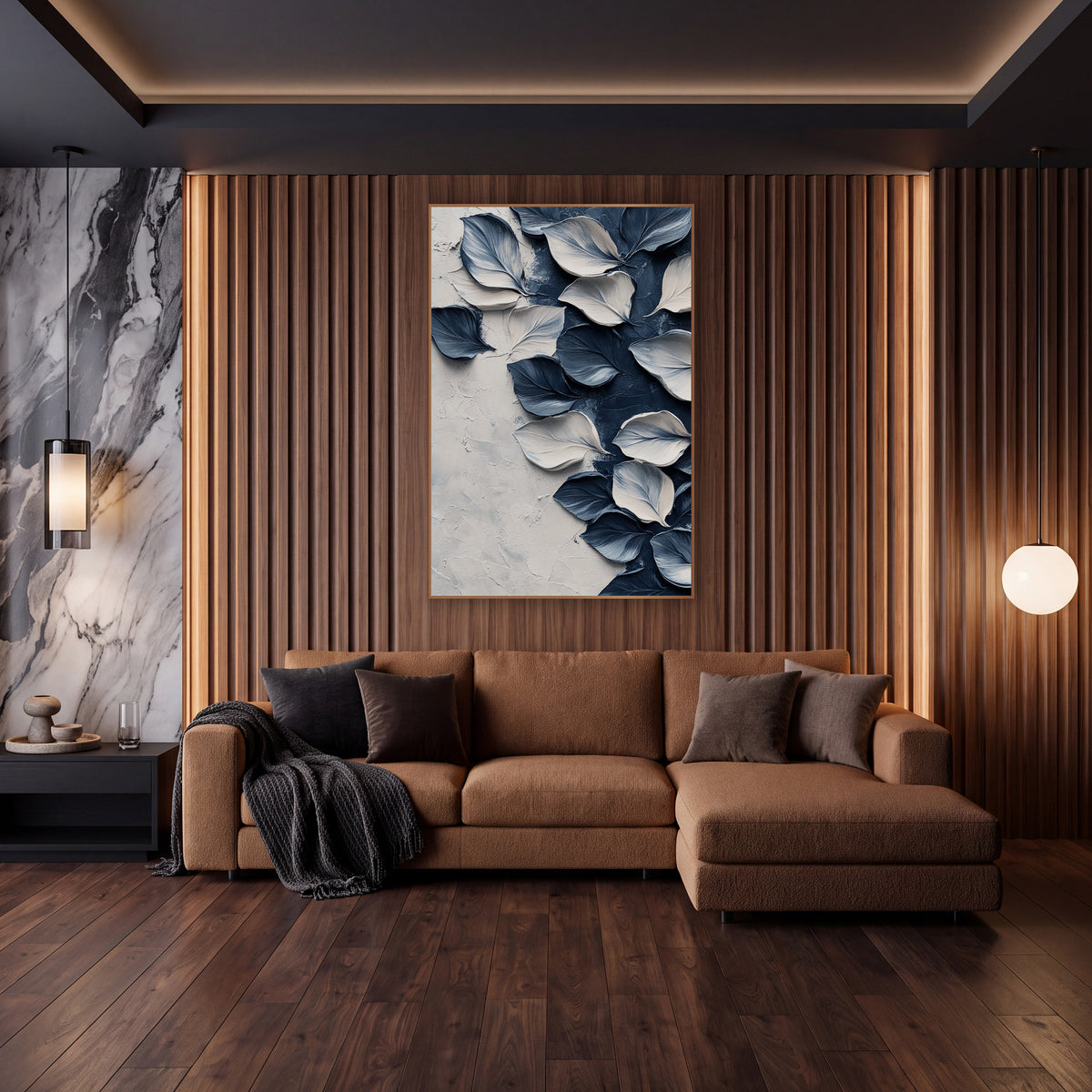 Navy and Cream Petals Abstract wall art in an elegant modern room – abstract navy blue and cream petals scattered