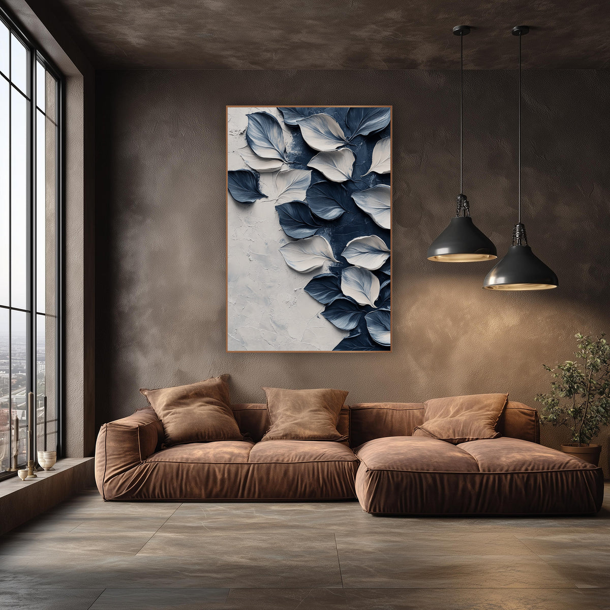 Navy and Cream Petals Abstract wall art in an elegant modern room – abstract navy blue and cream petals scattered