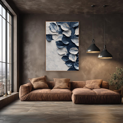 Navy and Cream Petals Abstract wall art in an elegant modern room – abstract navy blue and cream petals scattered