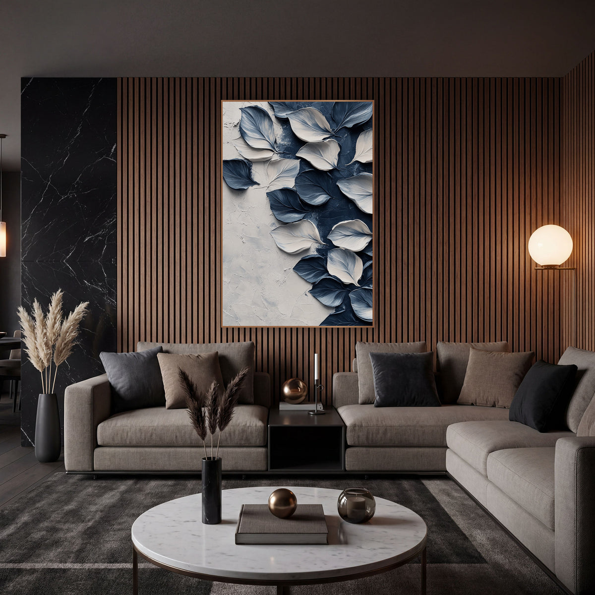 Navy and Cream Petals Abstract wall art in an elegant modern room – abstract navy blue and cream petals scattered