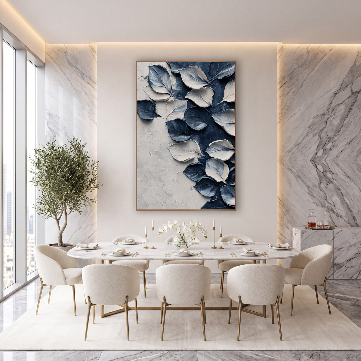 Navy and Cream Petals Abstract wall art in an elegant modern room – abstract navy blue and cream petals scattered