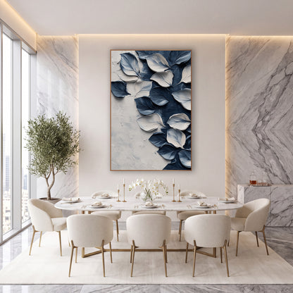 Navy and Cream Petals Abstract wall art in an elegant modern room – abstract navy blue and cream petals scattered