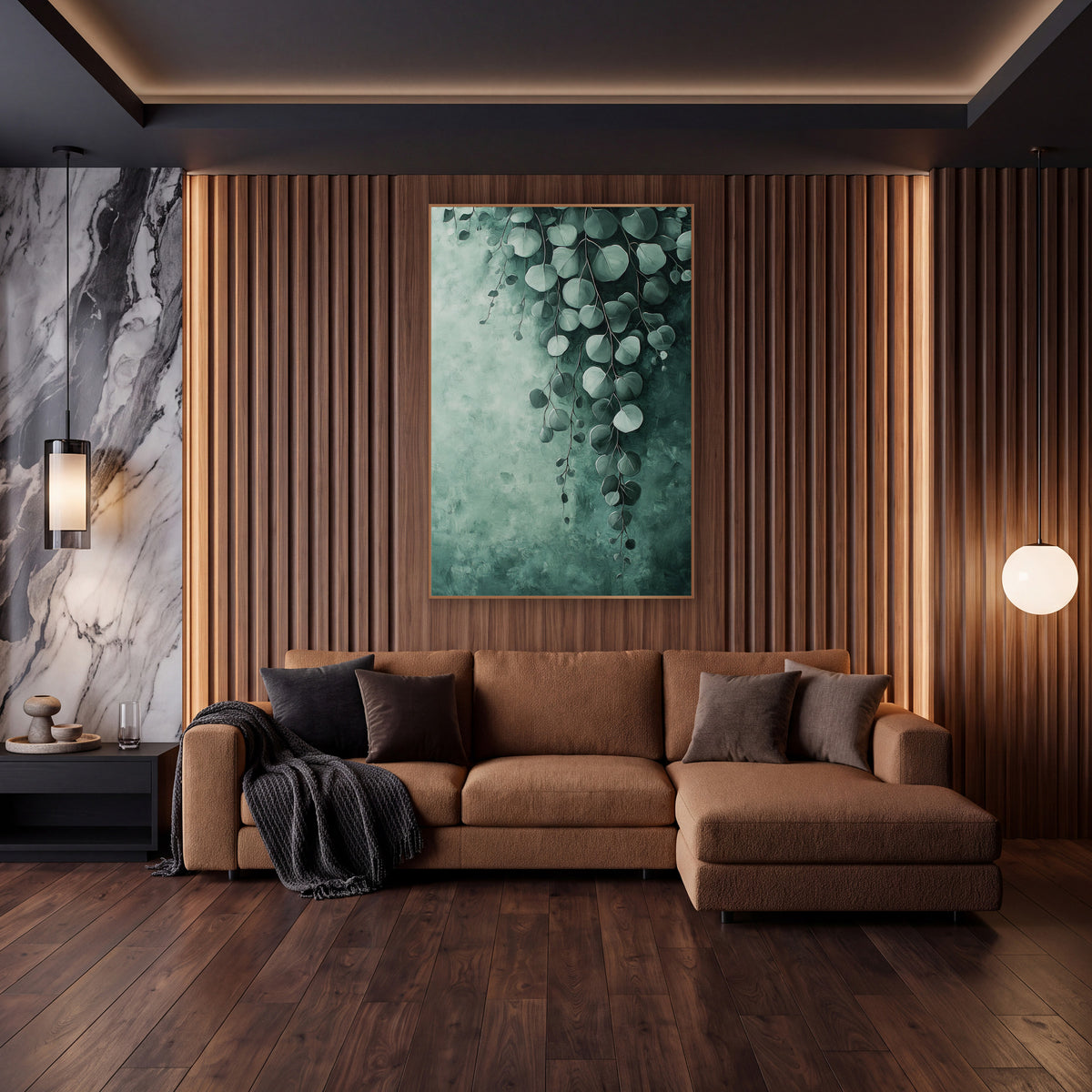 Silver Dollar Eucalyptus Cascade Botanical wall art in an elegant modern room – silver dollar eucalyptus leaves