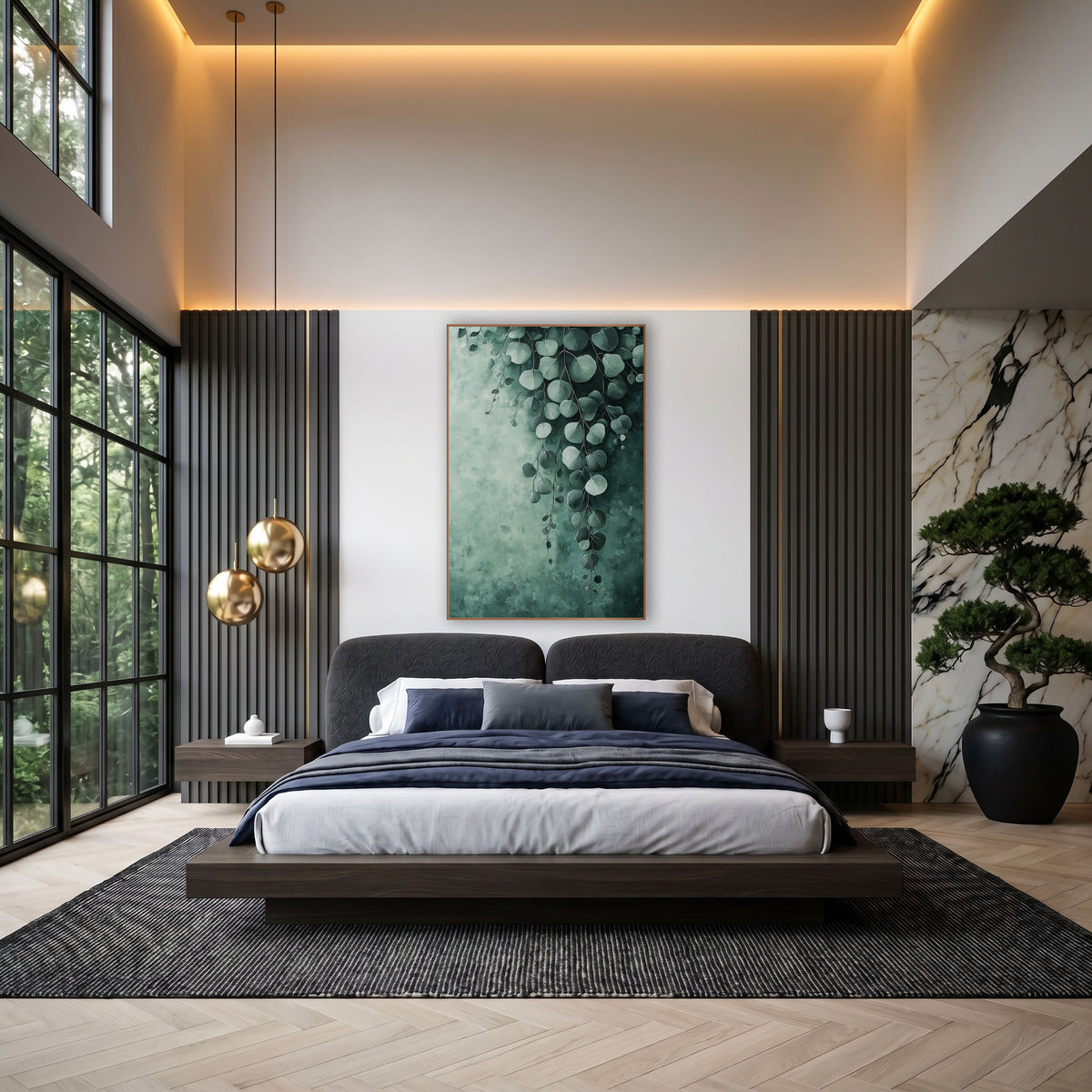 Silver Dollar Eucalyptus Cascade Botanical wall art in an elegant modern room – silver dollar eucalyptus leaves
