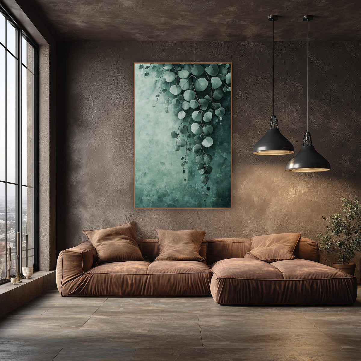 Silver Dollar Eucalyptus Cascade Botanical wall art in an elegant modern room – silver dollar eucalyptus leaves