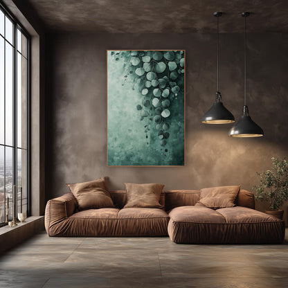 Silver Dollar Eucalyptus Cascade Botanical wall art in an elegant modern room – silver dollar eucalyptus leaves