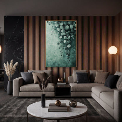 Silver Dollar Eucalyptus Cascade Botanical wall art in an elegant modern room – silver dollar eucalyptus leaves