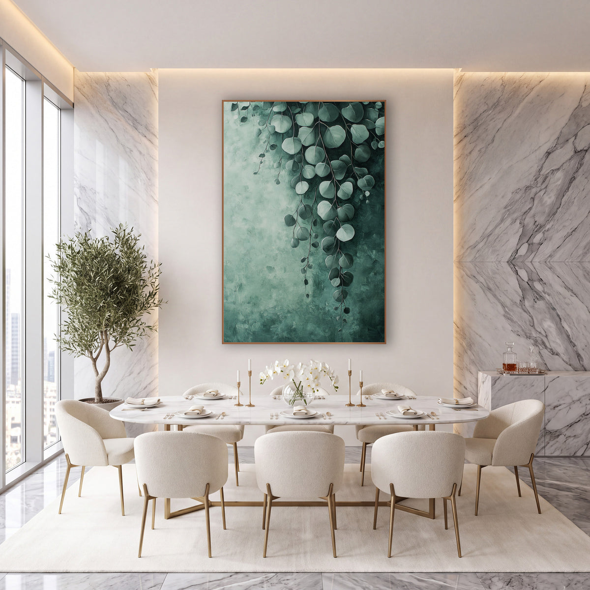 Silver Dollar Eucalyptus Cascade Botanical wall art in an elegant modern room – silver dollar eucalyptus leaves