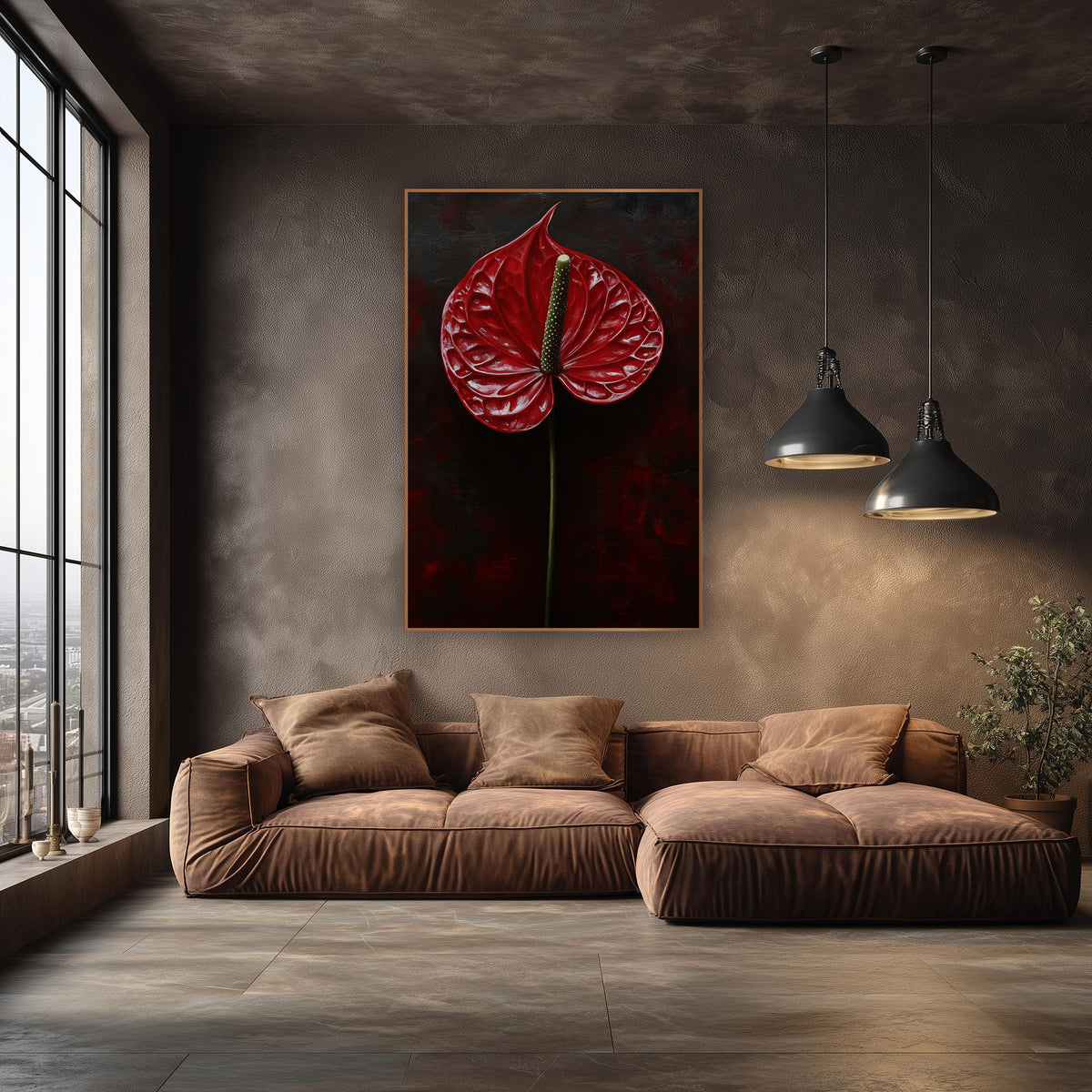 Tall Upright Crimson Anthurium Classic wall art in an elegant modern room – single glossy red anthurium flower