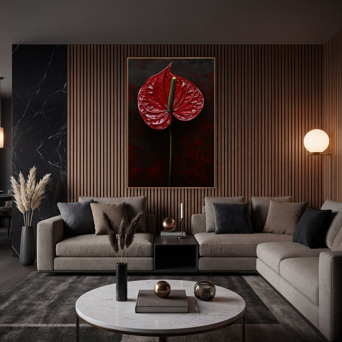 Tall Upright Crimson Anthurium Classic wall art in an elegant modern room – single glossy red anthurium flower