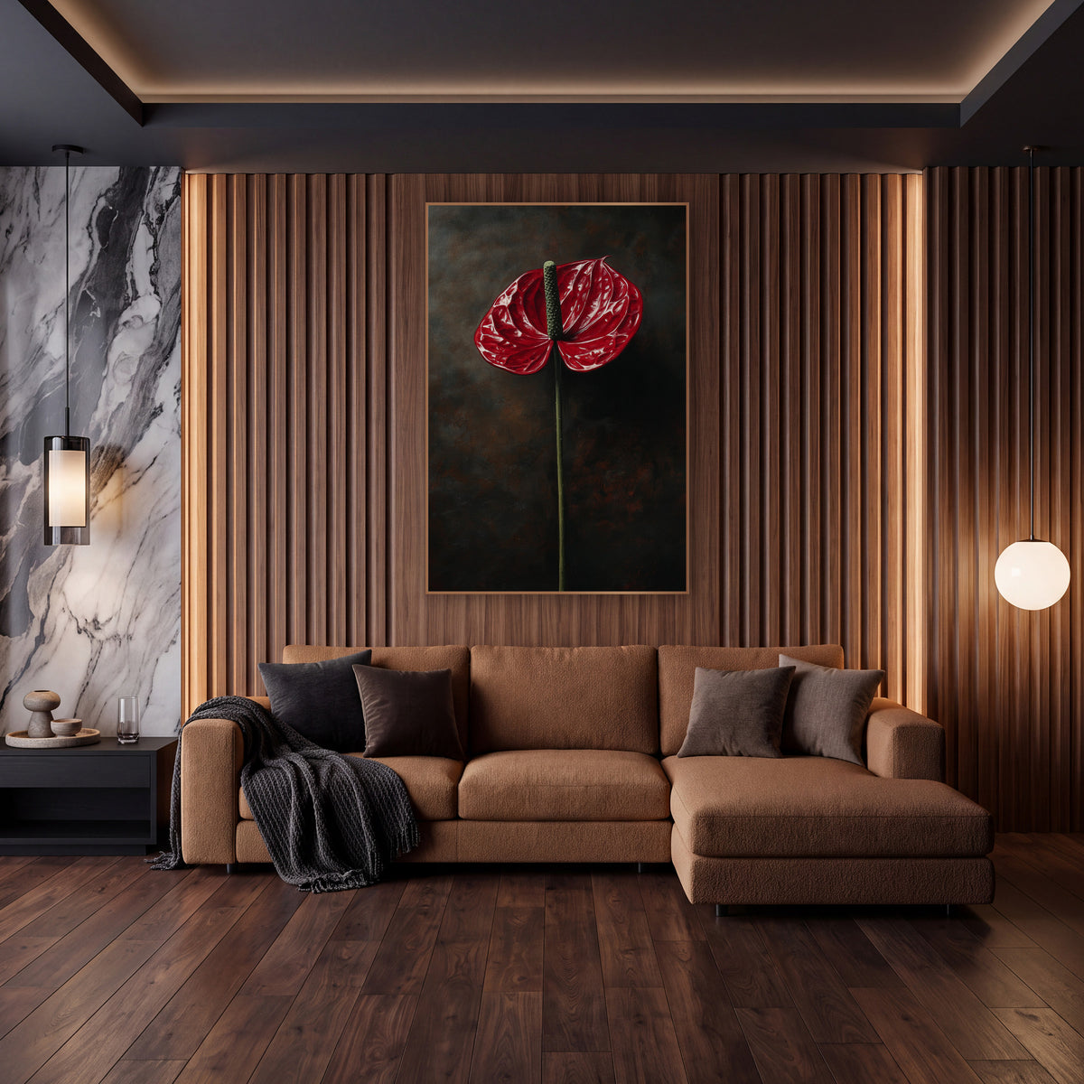 Side Profile Anthurium Smoky Study wall art in an elegant modern room – single glossy red anthurium with green spadix