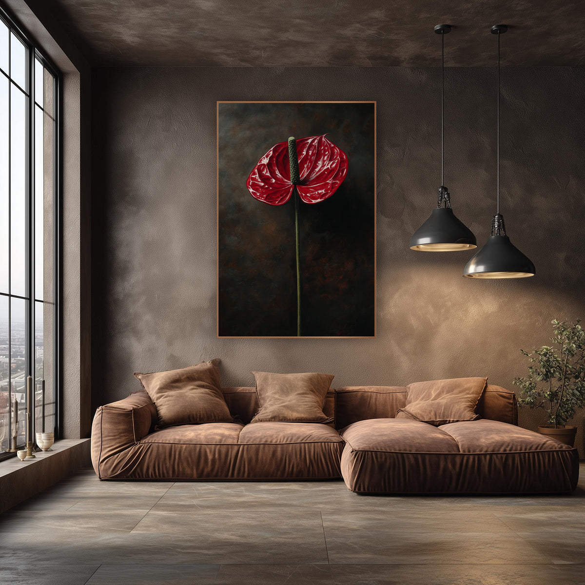 Side Profile Anthurium Smoky Study wall art in an elegant modern room – single glossy red anthurium with green spadix
