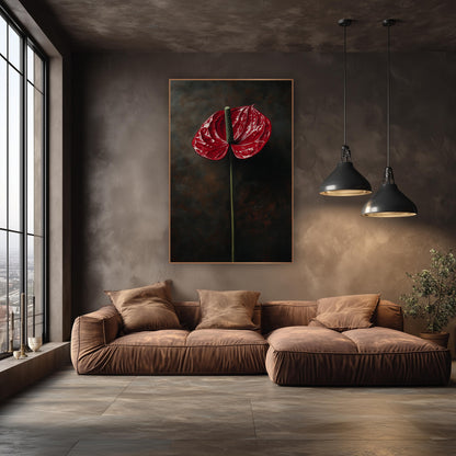 Side Profile Anthurium Smoky Study wall art in an elegant modern room – single glossy red anthurium with green spadix