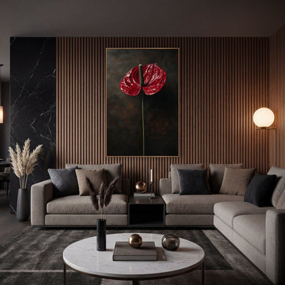 Side Profile Anthurium Smoky Study wall art in an elegant modern room – single glossy red anthurium with green spadix