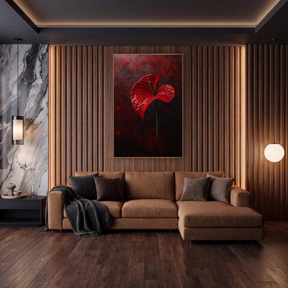 Curved Twisting Anthurium Ember Bloom wall art in an elegant modern room – single glossy red anthurium flower
