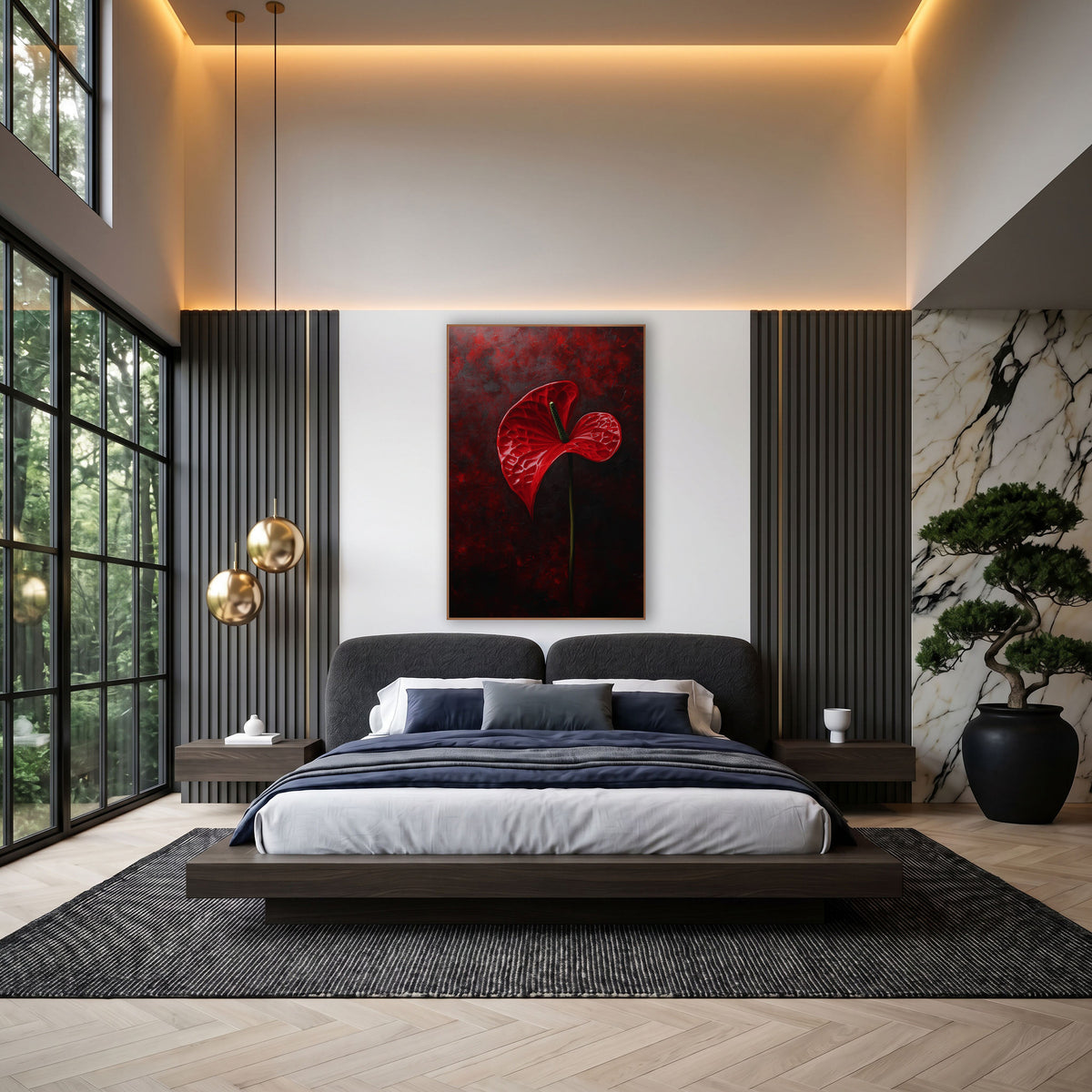 Curved Twisting Anthurium Ember Bloom wall art in an elegant modern room – single glossy red anthurium flower