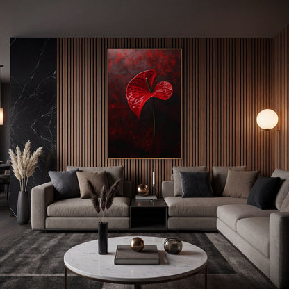Curved Twisting Anthurium Ember Bloom wall art in an elegant modern room – single glossy red anthurium flower