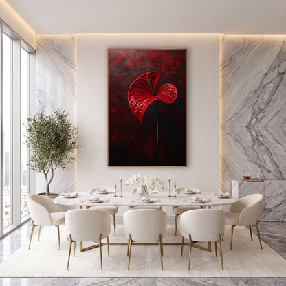 Curved Twisting Anthurium Ember Bloom wall art in an elegant modern room – single glossy red anthurium flower