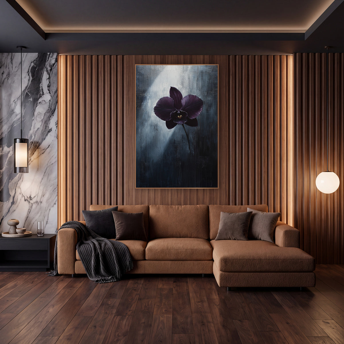 Aubergine Orchid Moody Botanical wall art in an elegant modern room – single dark aubergine orchid with gold center